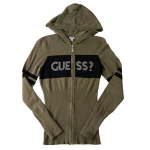 Y2K Guess Studded Hoodie Women Small Embellished Logo Vtg 2000s 90s Varsity Edge